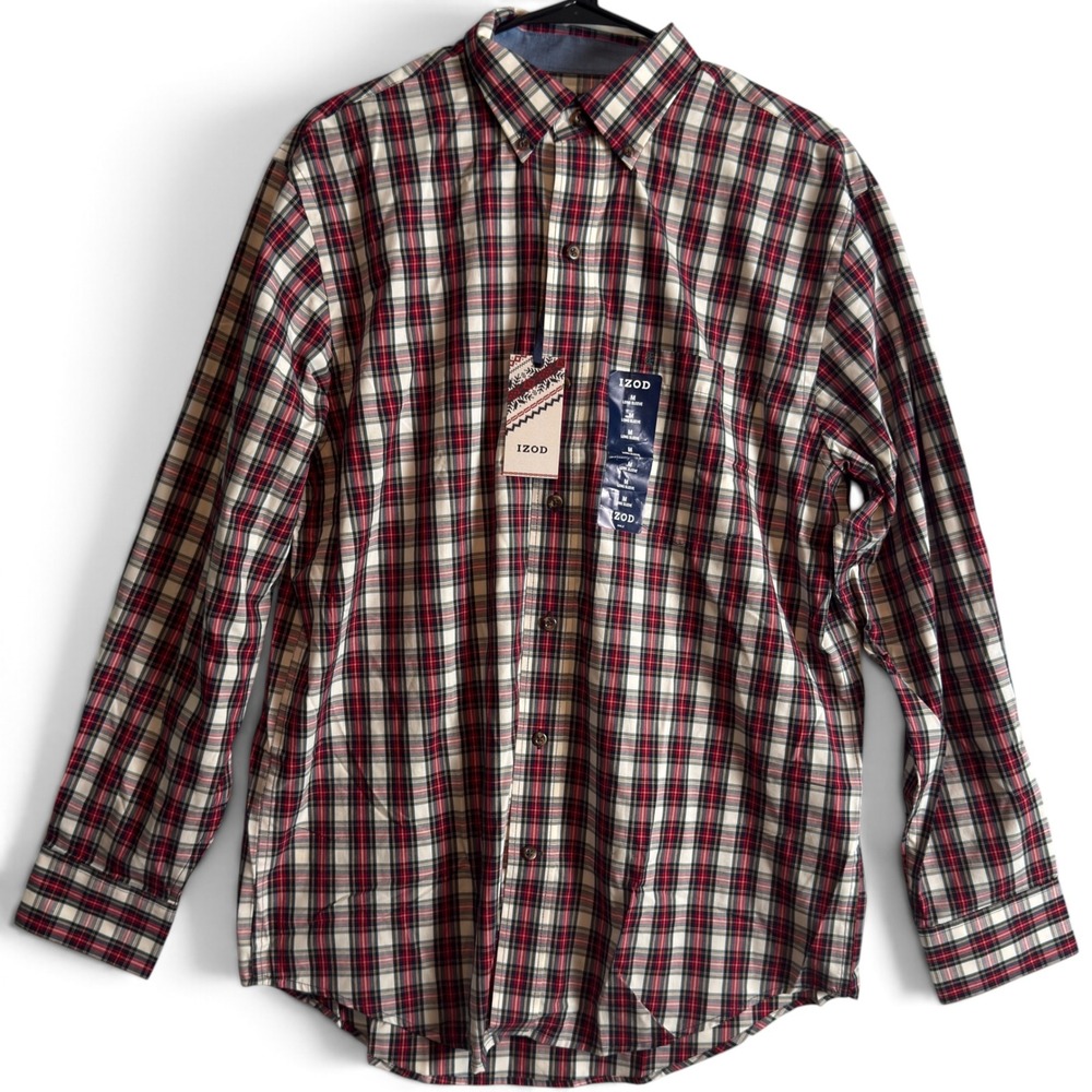 NWT IZOD Heritage Tartan Shirt Mens M Plaid Cotton Button Down Vanilla Ice